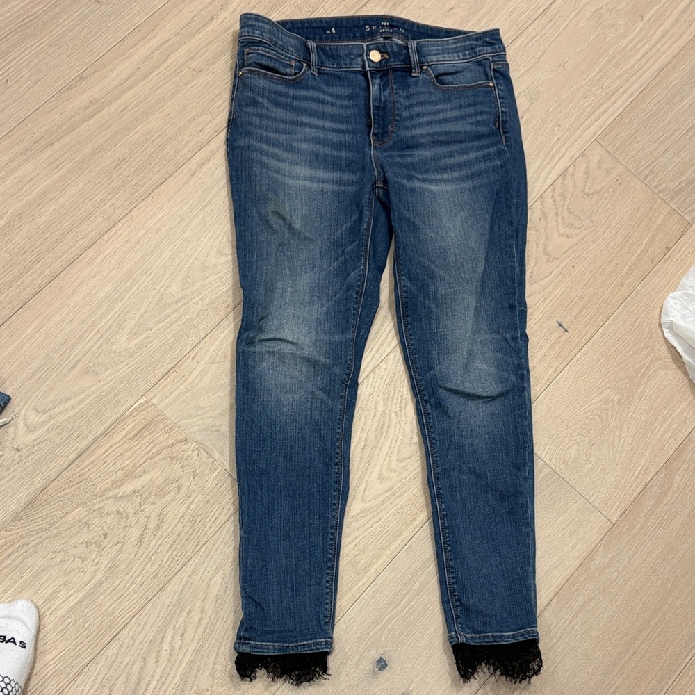 Women's Blue Ankle Jeans with Black Fringe